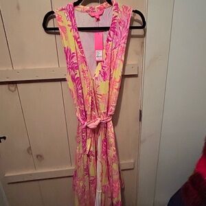 Lilly Pulitzer NWT Folly Wrap Dress Calla Yellow Floral Coral Size L